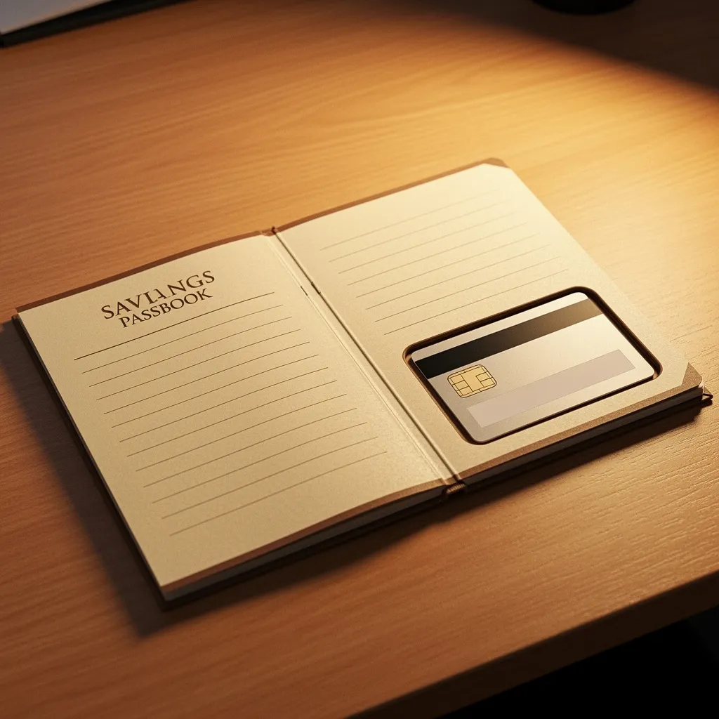 A money market account concept showing a savings passbook merged with a checkbook and debit card representing a hybrid account