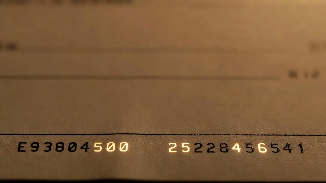 A paper check with the routing number, account number, and check number highlighted along the bottom edge