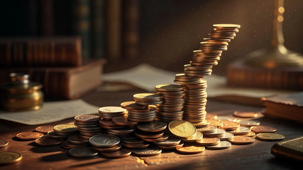 Coins stacking in growing piles with an upward curve, illustrating how compound interest grows money exponentially over time