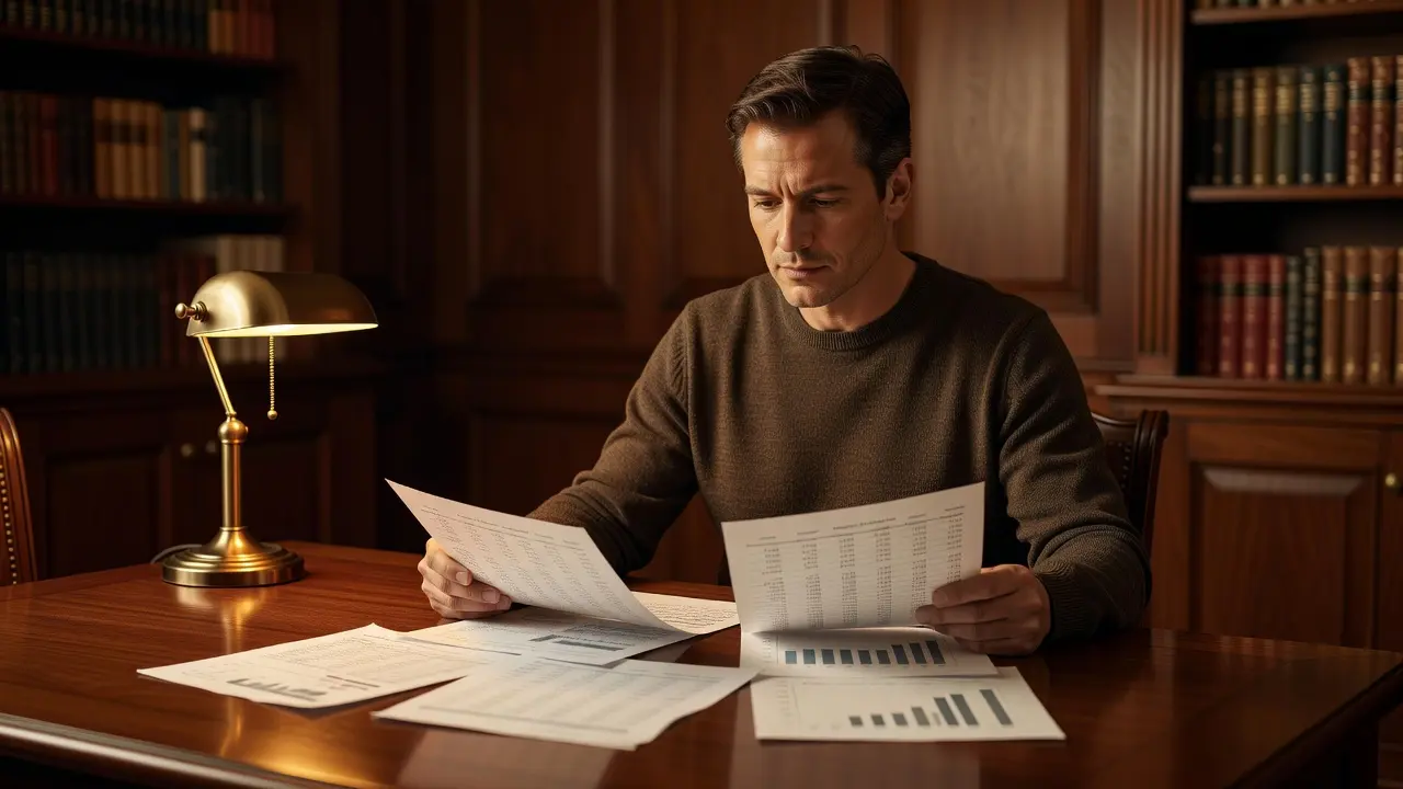 A person reviewing financial documents and a divorce decree at a table