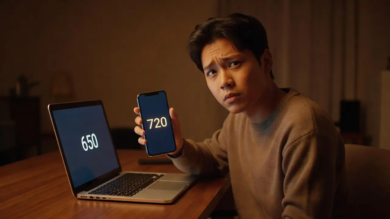 A person looking at two different credit score numbers on a phone app and a laptop screen