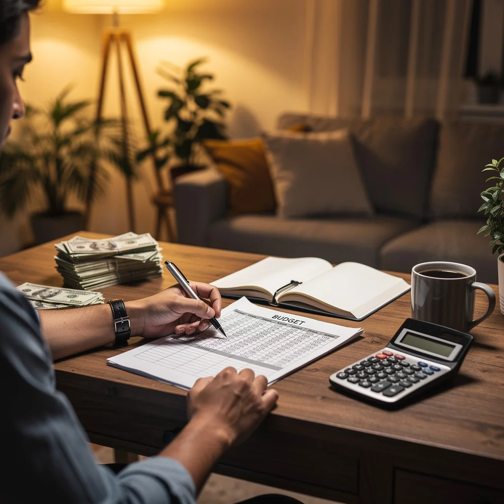 Person filling out a zero-based budget worksheet at desk with every dollar allocated to categories adding up to monthly income